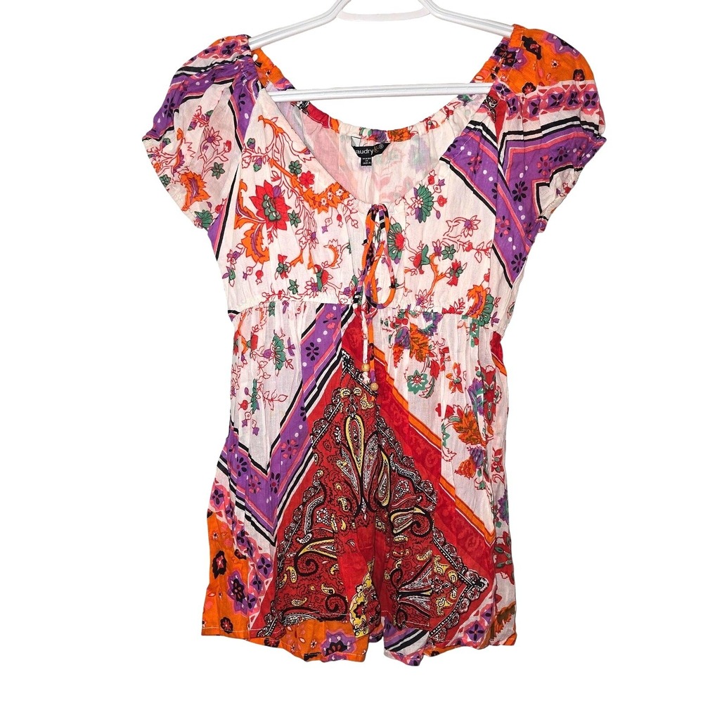 Chaudry KC Bohemian Paisley Cap Sleeve Waist Slimming Blouse Size Small